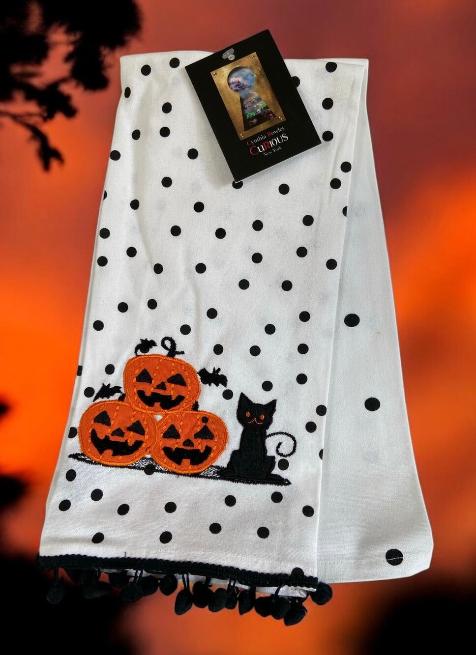 NWT Cynthia Rowley Halloween Black Cat Pumpkin Kitten Dish Kitchen Towel Set